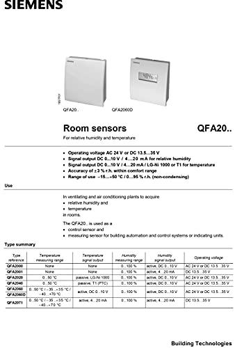 Monitor de temperatura e umidade relativa AHU & HVAC para empresas de TI, salas limpas e edifícios comerciais por Siemens Modelo: QFA 2071