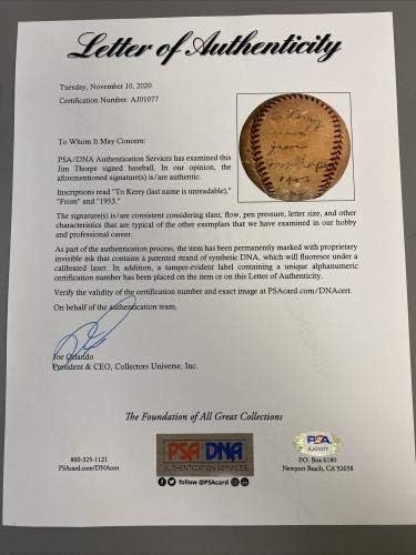 Jim Thorpe Single assinado Autografed League Baseball com PSA DNA COA - Bolalls autografados