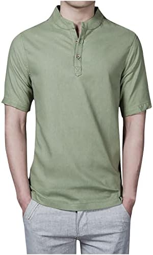 Camisa de linho de algodão masculina Henley Slave Shippie Tops Casual Casual T Camisetas High Neck