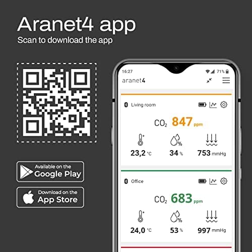 SAF aranet4 Home: Monitor de qualidade do ar interno sem fio para casa, escritório ou escola portátil, alimentação por bateria, tela de tinta eletrônica, aplicativo para configuração e histórico de dados