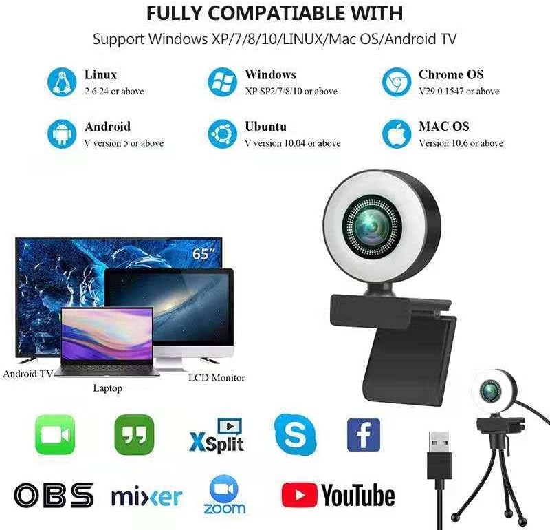 Streaming webcam com luz de anel - 1080p 60fps Câmera de computador de foco automático - Twitch, PC e