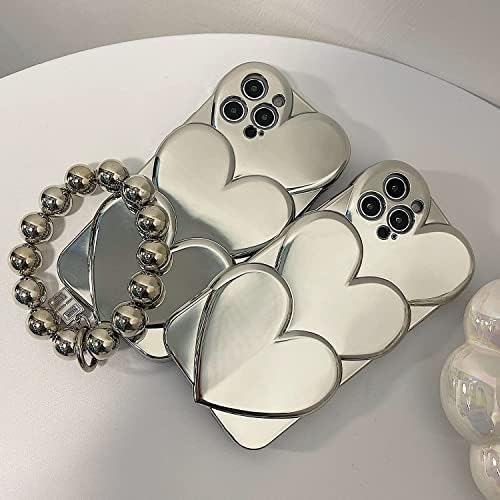 Espumoso Caixa fofa compatível com o iPhone 14 Pro 6,7 '', 3D Cartoon Heart Case com encantador protetor de câmera de pulseira de correção Placting TPU Proteção à prova de choque para mulheres e meninas (prata (prata