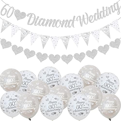 Decorações de 60 anos, 60º Banners de Glitter Diamond Wedding, Bandeira de Bunting de 60 anos e balões