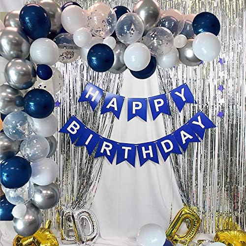 Decorações de festas de aniversário azuis, material de feliz aniversário, bandeira de feliz aniversário, balões