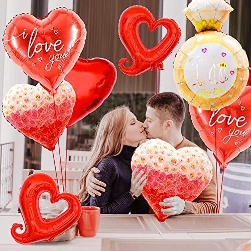 Balões de papel alumínio do coração para decorações de festas do dia dos namorados com balão de anel, eu te amo balões, gancho de coração Mylar Balloons