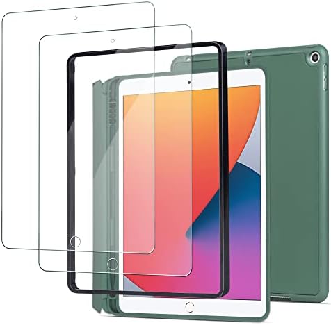 ARAE para iPad 10,2 polegadas de caixa e, com 2 protetor de tela de embalagem [vidro temperado] Anti Scratch, verde