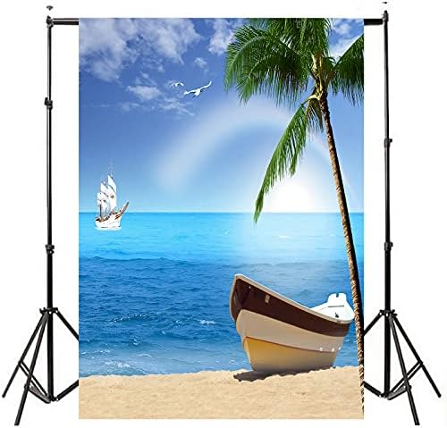 IProtech 5x7ft verão Tropical Beach Photography Background, Hawaii Seaside Blue Sky Palm Trees Boat Box Kids Retrato Retrato Férias Decoração de Festas de Photoshoot Photop Photo Booth adereços