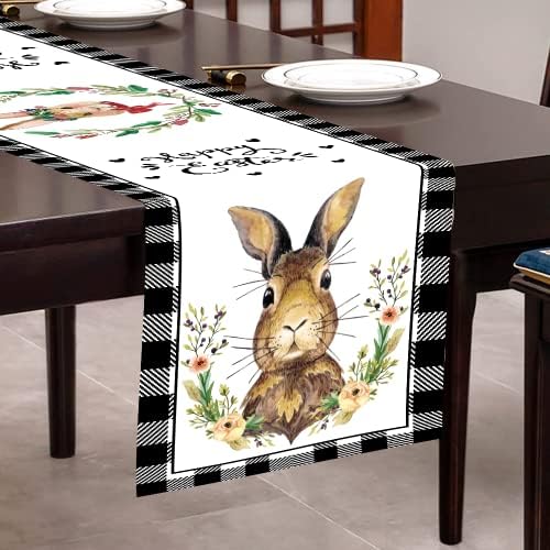 Corredor de mesa de linho da Páscoa, Rabbit Buffalo Plaid Tables Runner para Decorações de Jantar para Casa