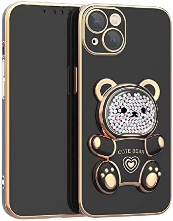 Bear fofo Stand escondido iPhone 13 Caso, TPU Soft TPU Caixa de telefone de suporte de urso 3D com proteção contra a câmera para mulheres, menina - rosa