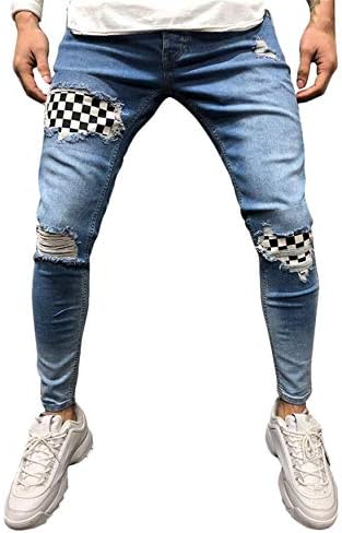 Jeans rasgados de Andongnywell Men Slim Fit forncing calças jeans angustiadas Jeans de perna com zíper com botão