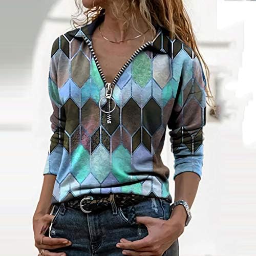 Camisas de manga longa da primavera feminina Fashion lapela de lapela impressão geométrica Zipper camiseta