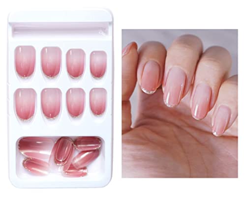 24pcs nude rosa presa no conjunto de unhas, unhas falsas quadradas médias brilhantes com kit de preparação para
