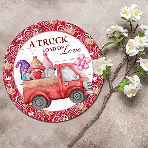 Sign de metal redondo Dia dos namorados Um caminhão carrega de amor gnomos corações de grinalda
