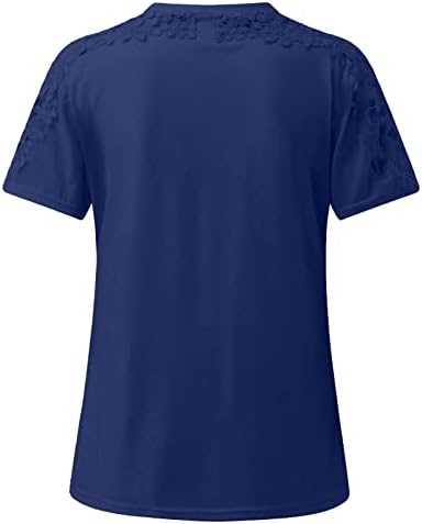 Blusa de renda fofa de mulher de verão de manga curta renda de renda casual redondo camisetas de pescoço escuro azul escuro