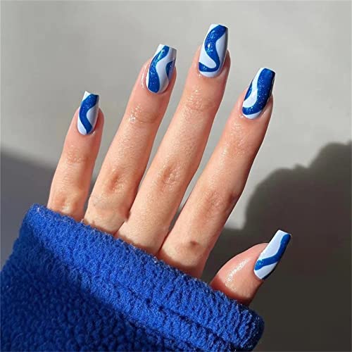 24pcs Glitter Waves Blue Fake Nails Cover de capa completa Caixão curto em pregos com cola para