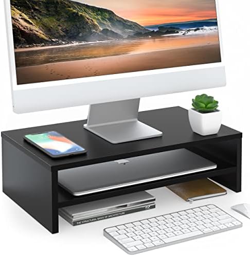 Fitueyes 2 Monitor de madeira e organizador de armazenamento de desktop com 6 compartimentos, preto