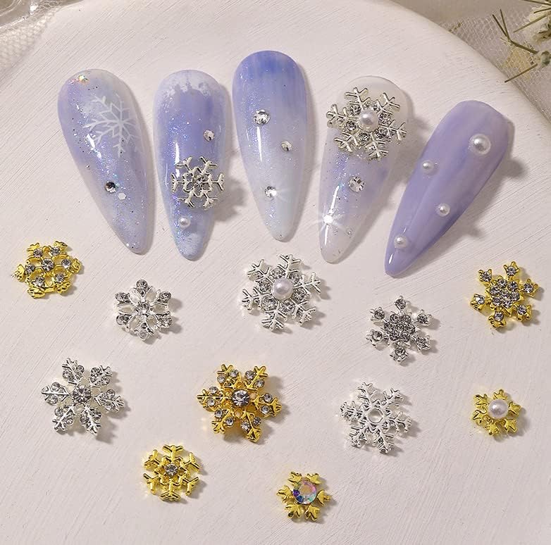 24 PCs Snowflake unhas Art Charms Glitter 3D Cristais Diamantes, strass, liga de metal liga de metal dourado prata flocos de flocos de neve gemas design para mulheres de natal de natal artesanato jóias artesanato diy.