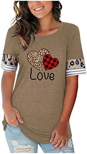 Maqroz Mulheres de manga curta Camisa de pescoço redonda Coração de estampa de leopardo da blusa