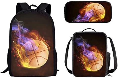 Byyejit Flame Basketball Print Kids School Backpack Set com lancheira e caixa de lápis, 3pcs Conjunto de meninos adolescentes primários do ensino fundamental bookbag casual