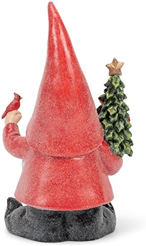 Napco Garden Gnome segurando uma árvore de Natal leve LED e estatueta do cardeal, altura de 12 polegadas, vermelho, branco, verde, preto, resina, decoração de férias independente