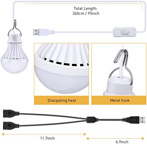 2 pacote lâmpada LED USB com interruptor, luz da lanterna de acampamento com linha USB separada y, lâmpada LED de 6,5 pés com gancho se adapta aos painéis solares para externo interno