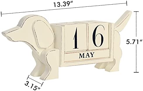 Nikky Home 2022 Data do mês da madeira vintage Bloqueia o grande calendário perpétuo Acessório de mesa, em forma de cachorro chique gasto, calendário diário de madeira para decoração de casa e escritório, bege