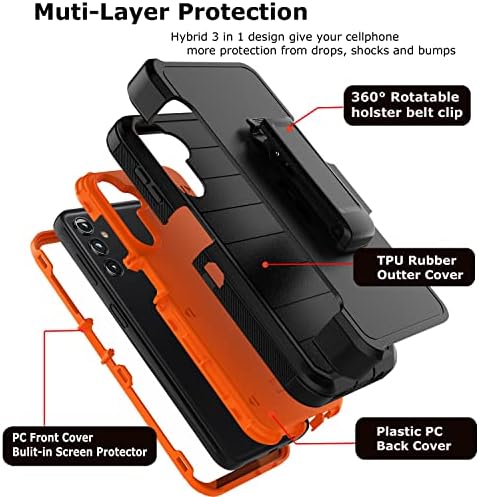 Takfox Moto Edge 2022 Caixa, para 2022 Motorola Moto Edge Belt Clip Holster Case de telefone [protetor de tela embutido] Proteção de kickstand Proteção robusta pesada à prova de pó à prova de pó Durável preto/laranja