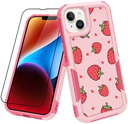 Mzelq Compatível com o iPhone 12 Case, iPhone 12 Pro Case Strawberry Cute Padrão, Caixa de telefone anti-esqueleto à prova de choque para meninas Mulheres + 1* Protetor de tela