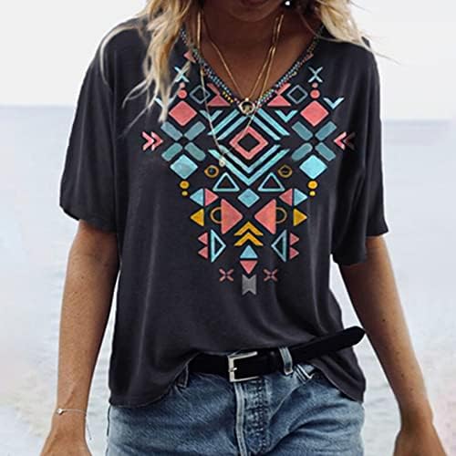 Camisas de verão nokmopo para mulheres estampas retrô impressão geométrica de decote em vinicha