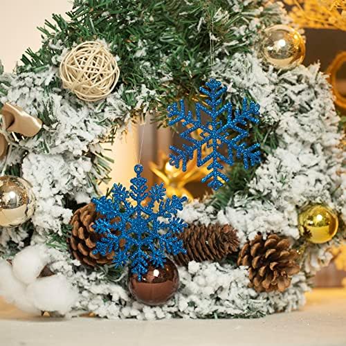 Isulife 36pcs Ornamentos de floco de neve de plástico Ornamentos de floco de neve de glitter de plástico com cordas penduradas para decorações de árvores de Natal