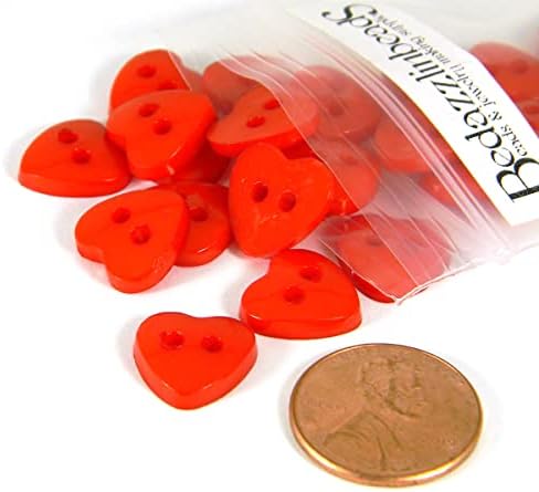 50 Botões de costura de coração de acrílico plano de 50 polegadas vermelhas brilhantes de 1/2 polegada com 2 orifícios