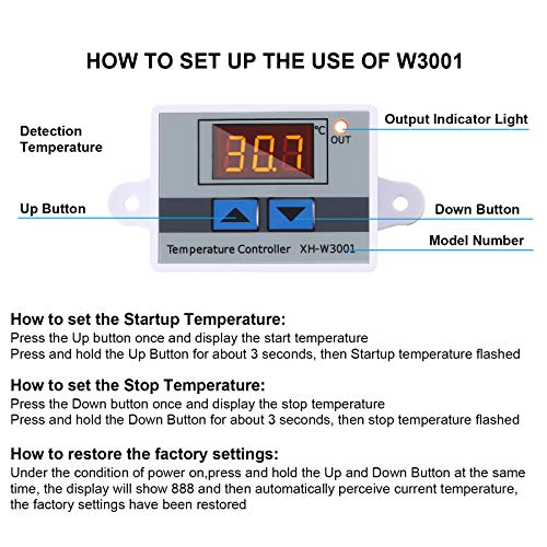 XH -W3001 Módulo de temperatura do LED digital Módulo de termostato digital Switch com sonda à prova d'água Programação de aquecimento de resfriamento de termostato eletrônico Faixa de -50 ℃ a 110 ℃