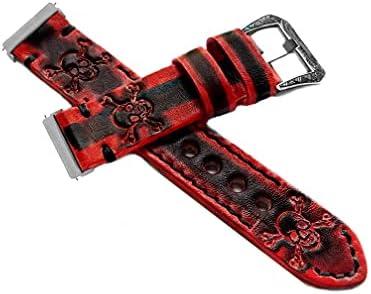 Nickston Red e Black Skull Crossbones Band Compatível com Fitbit Versa 2 e Versa, Lite e Edição Especial em relevo, cinta de couro escovado