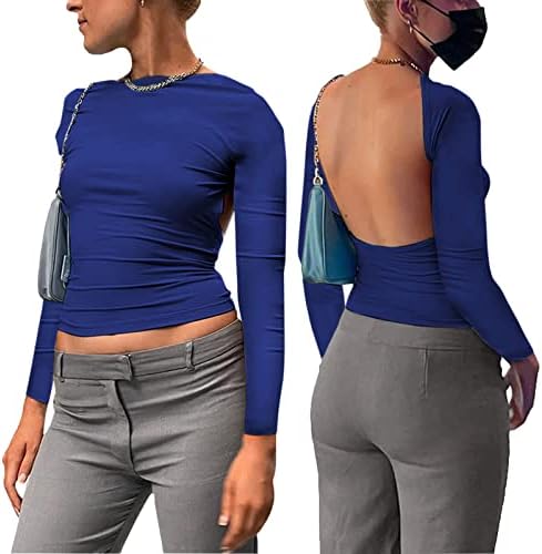 Mulheres T-shirt sem costas Y2K Manga curta Crewneck 2023 Moda Crop Tee Top Open Back Slim Fit Cropped tops