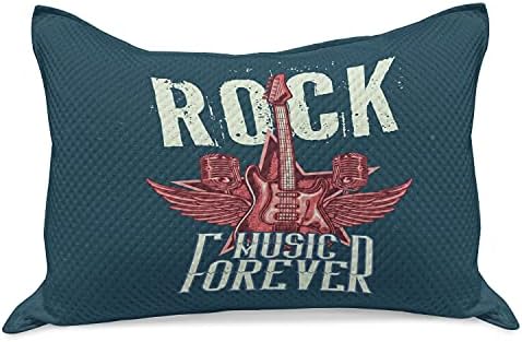 Ambesonne Rock and Roll micoteca de colcha de travesseira, design de pôsteres de uma guitarra 2 asas de microfones, capa padrão de travesseiro de tamanho king para quarto, 36 x 20, coral escuro de cerceta