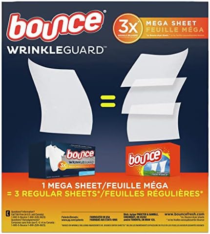 Bounce Wrinkleguard Mega Fabric Softener Shoets, lançamento de rugas com perfume fresco ao ar livre, 130 ct
