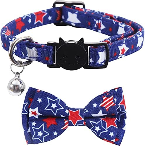 2 pacote colar de gato de bandeira americana com bell tie star breakaway ajustável no dia 4 de julho do Dia da