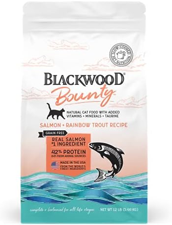 Blackwood Bounty Cat Food fabricado nos EUA com alimentos secos de gato seco lento [alimentos de gato sem grãos com ingredientes de superalimento para sensibilidades alimentares e saúde imunológica], receita de salmão e truta arco -íris, 12 lb. bolsa