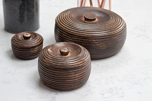 Caixas de madeira redondas com tampa 'kotora' / spice recipientes de especiarias / recipientes de armazenamento esculpidos à mão de madeira de manga, tamanho grande