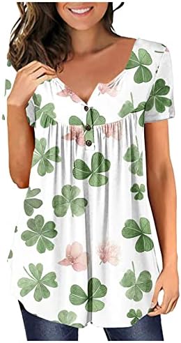 Camisa do dia do dia St Patricks Padrão de Shamrock Botão Planteada Túmulos Henley Manga curta Blouses de decote em V Tees
