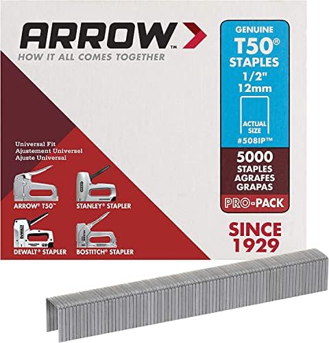 Arrow 508IP T50 de serviço pesado de 1/2 polegada para estofados, construção, móveis, artesanato, 5000 pacote