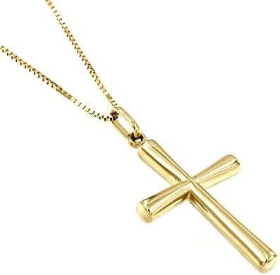 Lucchetta - 14 Karat Gold Gold Small Cross Pingente Colar com Cadeia de Caixa Minúscula, 16+2 polegadas,