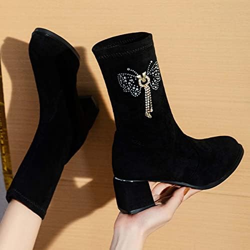 Sinzelimin Boots Womens Boots Fashion Fashion Rhinestone Applique Snow Booties Chunky High Round-Toe
