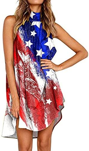 4 de julho Vestido de halter para mulheres Casual Casual solto Mini vestido americano bandeira americana sem mangas do ombro praia