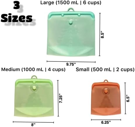 Bolsa de armazenamento reutilizável de silicone, 3 pacote | BPA Data de armazenamento gratuito Alimentos Recipiente