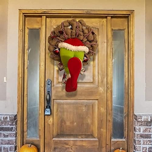 Christing Wreath como o ladrão de Natal roubou a coroa de estopa de Natal para decoração da porta da frente, grinaldora