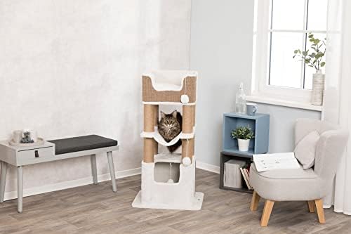 Trixie Lucano Cat Tower XXL com condomínio, postes de arranhões, rede, almofadas removíveis, pom-poms penduradas
