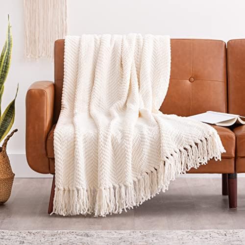 CHANASYA TEXTURTURT KNIT THON Bobet com borlas - cobertor macio e aconchegante para sofá, cama, sala de estar - 50 x 65 - creme