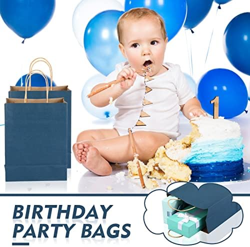 150 PCs 8 x 4,25 x 10,5 polegadas Kraft Papel Sacos de presente com alças sacos de compras de artesanato azul reutilizável para compras artesanais Favorias de festas de festas de varejo