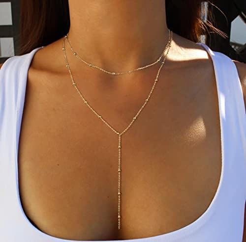 Colares de ouro longos e delicados para mulheres, colar de lariatura moderna de 14k colares de miçangas em camadas de ouro 14K